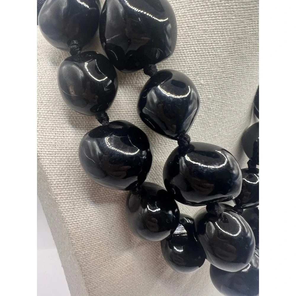 Kukui Nut Lei Necklace Black Polished Ribbon Tie Island Lightweight‎ Hawaiian